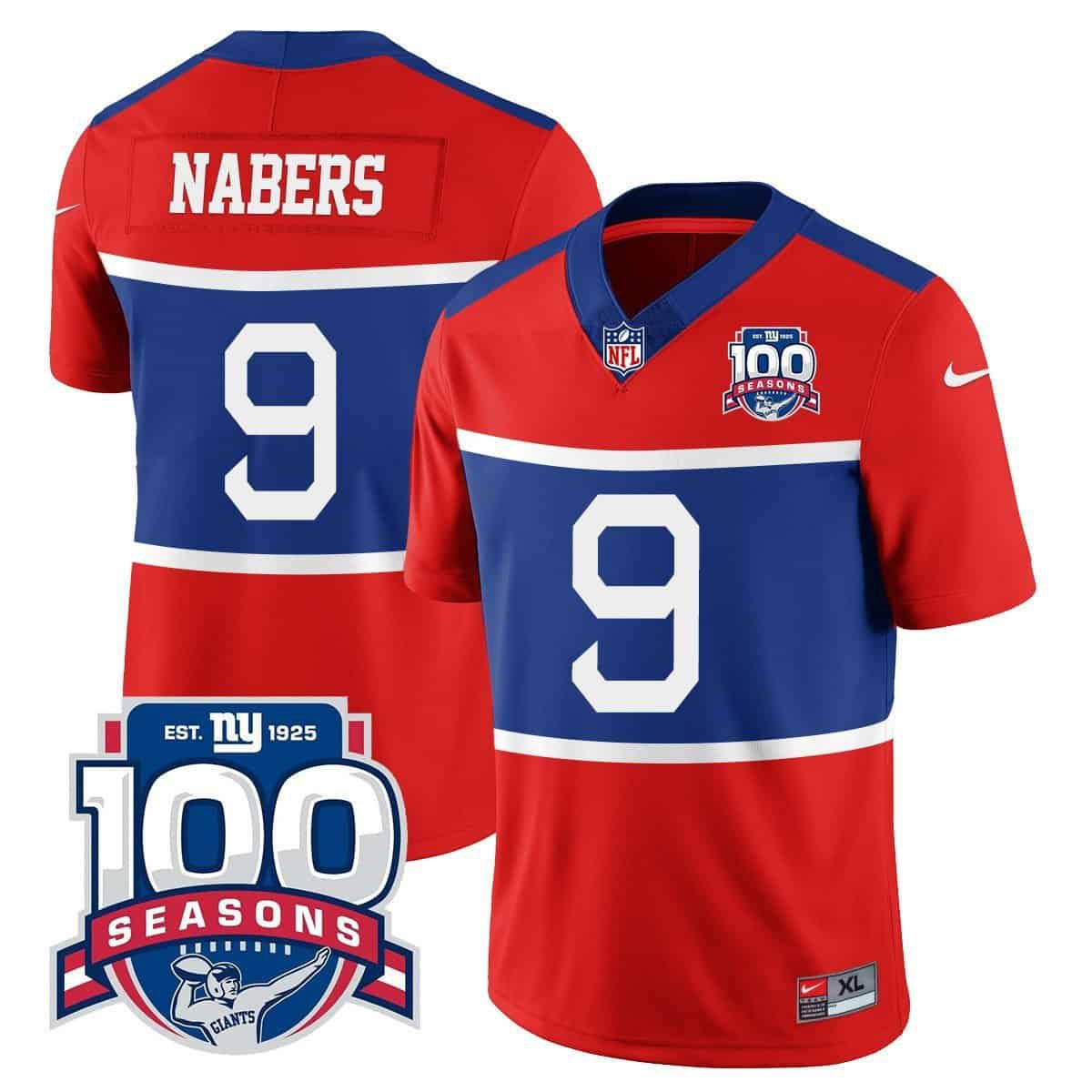 Men New York Giants #9 Nabers 2024 Nike Century Red 100TH Season Commemorative Vapor NFL Jersey